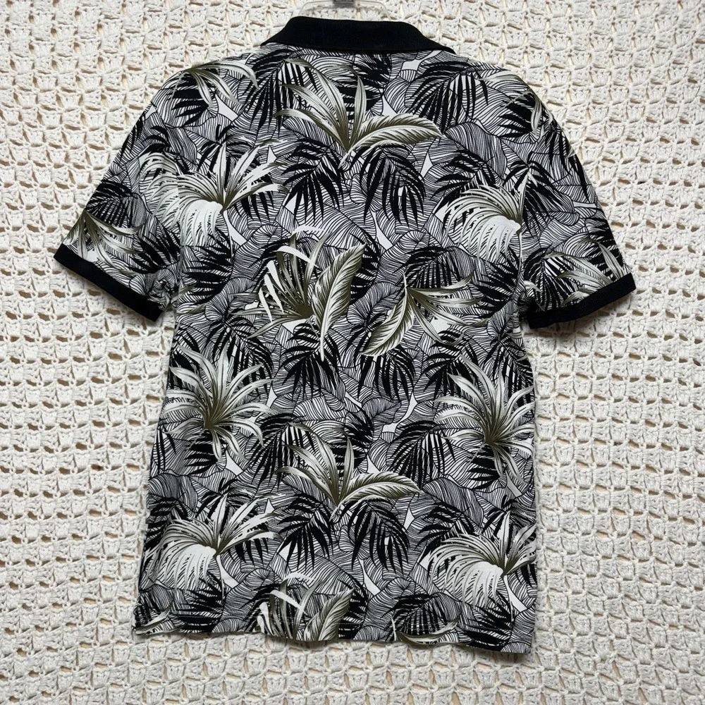 Banana Republic Polo Shirt Mens M Black White Short Sleeve Nature Leaf Print
